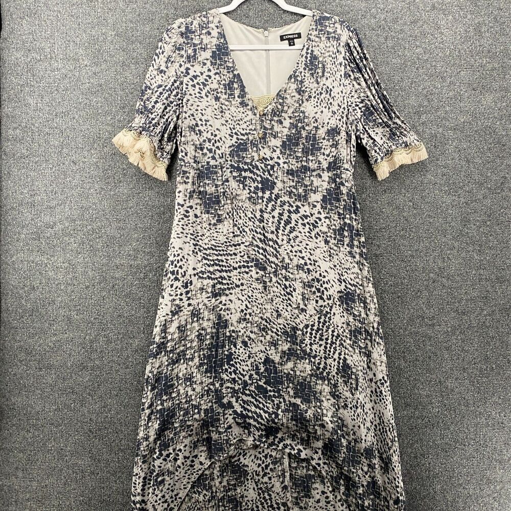Express Dress Womens M Gray Print‎ V-Neck Hi Low Ladies Cottagecore Boho Peasant